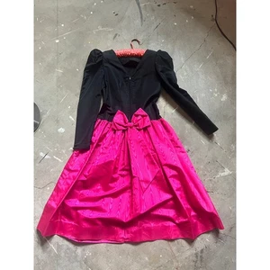 Vintage Pink Black Satin Dress, 80s Bow Prom Punk Goth Gothic Formal - Picture 1 of 7