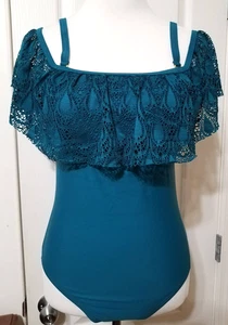 Venus türkis Rüschen Spitze schulterfrei Einteiler Schwimmen Badeanzug Gr 6 10 12 NEU - Bild 1 von 15