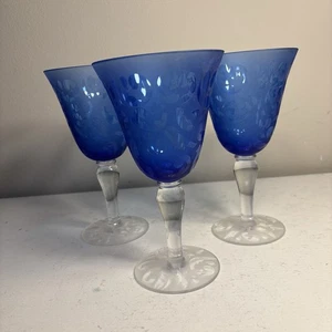 Cobalt Blue Lace Pattern Large Goblet 8 T set of 3 - Picture 1 of 5