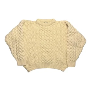 Vintage LL Bean 100 % Wolle Fischer Pullover klein Zopfmuster Made in Ireland creme - Bild 1 von 3