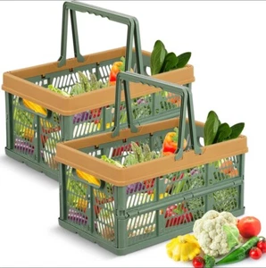 2 Pcs Green Collapsible Shopping Basket, Plastic Storage Crate Handle - Picture 1 of 1