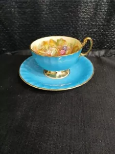 Vintage Aynsley Obstgarten Obst Türkis Knochen China Teetasse & Untertasse - Bild 1 von 8
