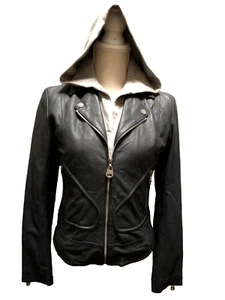 DOMA Women Genuine Soft Blue Leather Zip Out Cotton Hoodie Cropped Moto Jacket S - Picture 1 of 21