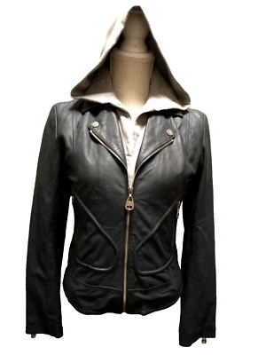 DOMA Women Genuine Soft Blue Leather Zip Out Cotton Hoodie Cropped Moto Jacket S - Image 1 of 4