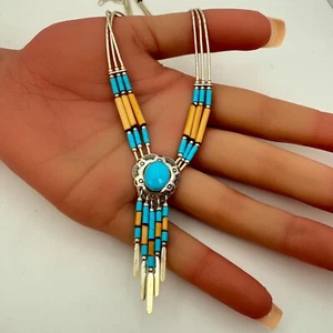 Collar poroso de plata esterlina 925 turquesa nativa americana 16""-20"" (10,1 g) - Imagen 1 de 5