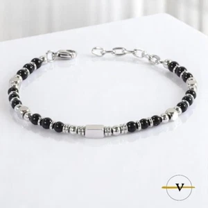 BRACCIALE UOMO DONNA OSSIDIANA NERA PIETRE DURE NATURALI ACCIAIO INOSSIDABILE - Foto 1 di 3