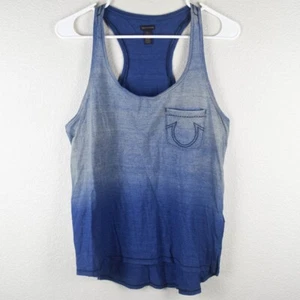 True Religion Womens S Big Stitch Hi Lo Tank Top Blue Ombre Dip Dye Racerback - Picture 1 of 7