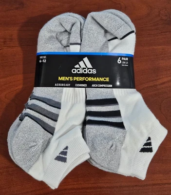 6 Пара новый Adidas мужчин низкого покроя носки подходят размер обуви 6-12 белый серый черная полоса - Изображение 1 из 4