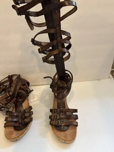 Kokka Brown Leather Tall Gladiator Straps Buckles Zips Sandals From Greece Sz 39 - Picture 1 of 7