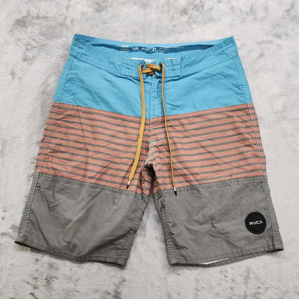 Pantalones Cortos de Tablero RVCA Para Hombres 31 Azul Naranja Gris Rayas De Colección Cepillado Corbata Frontal Foto 1 de 4