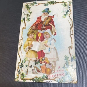 Violin Skinny Santa Claus Kids Caroling Christmas Postcard 1915 Germany 30 G - Bild 1 von 2