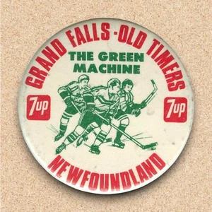 Grand Falls Newfoundland Old Timers Hockey League Vintage Pinback Button Pin 7UP - Picture 1 of 2