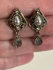 Vintage Gold Toned Pierced Earrings with Blue Tones Stones Beautiful!