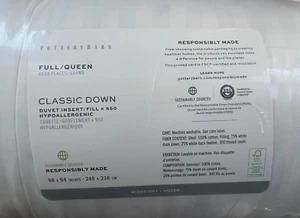 Pottery Barn CLASSIC DOWN Duvet Insert Queen 550fp Down Duvet ~Midweight~ NWT - Picture 1 of 2