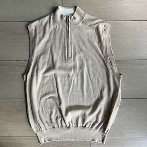 Peter Millar Cashmere Vest Men Size Large Beige Cream Cotton 1/4 Zip Up Golf - Picture 1 of 6