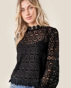 Sugarlips schwarz Blumen Spitze Gänseblümchen Bluse Top Medium NEU Neu mit Etikett Stehkragen überbacken - Bild 1 von 8