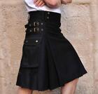 Mens Utility Modern Hybrid Cotton Tartan Kilts Male Scottish Pleated Skirt Black