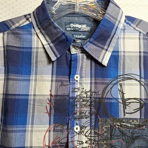 DESIGUAL Man Button-Up Embroidered Shirt Sz L Blue Black Plaid Rockabilly L/S - Picture 1 of 10