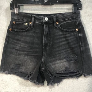 American Eagle Hi-Rise Shortie Jean Shorts Size 2 Stretch Distressed Denim Black - Picture 1 of 6