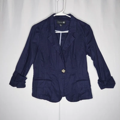 Blazer Forever 21 de lino para mujer pequeño azul marino cuello de un botón 3/4 bolsillos náutico  Foto 1 de 4