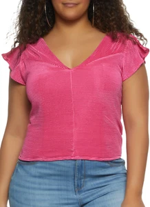 Women Plus Size Fuchsia/Pink Bodre Flutter Sleeve V-cut Top. Size 2XL . - Picture 1 of 2