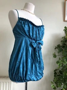 TOPSHOP UK 12 Vintage Teal Green Silky Satin Cami Top. Ruched Crinkled. Bow - Picture 1 of 11