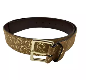 Chicos Genuine Leather Belt Tan Suede Metallic Gold Spatter Sz Small 1.75" Wide - Picture 1 of 9