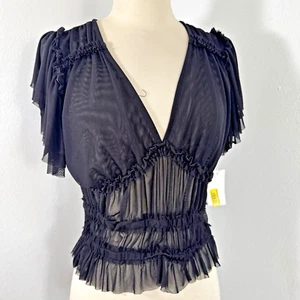 Crop Top Womens Medium Babydoll Ruched Flutter Grunge Emo Whimsigoth Y2K - Picture 1 of 10