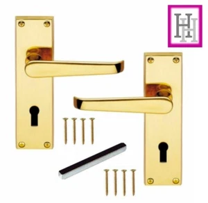 Door Handles LOCK Brass Finish Modern Victorian Straight Internal External D8 - Picture 1 of 14