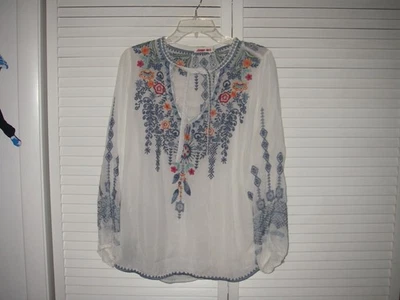 Blusa Johnny Was Bisma Blanca Floral Bordada Transparente Corbata Top Pequeña Foto 1 de 4