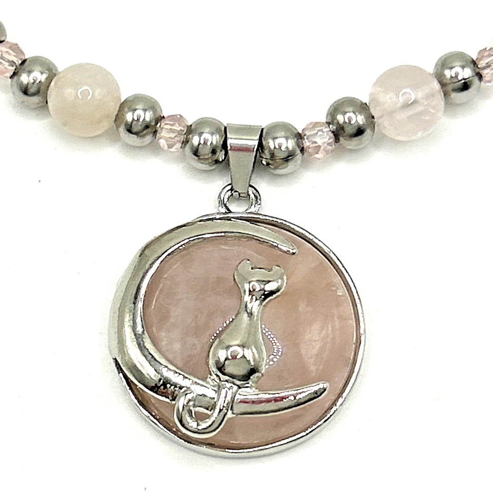 18英寸(+2英寸)正品玫瑰石英猫新月吊坠串珠项链 — 第 1/4 张图片