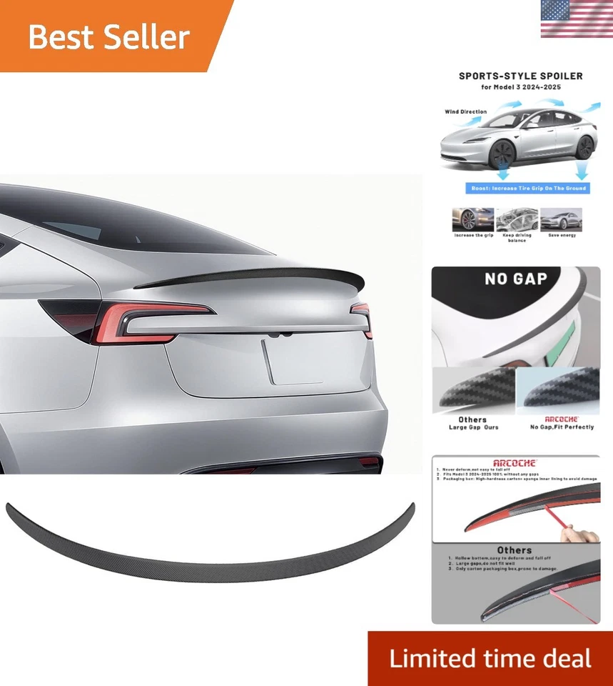Custom Matte Carbon Fiber Rear Spoiler for Tesla Model 3 (2016-2023) - Easy I... - Imagem 1 de 4