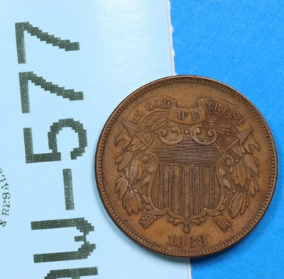 1868 2C TWO 2 CENT PEICE COPPER EARLY US TYPE COIN RW-577 - Image 1 of 2