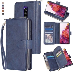 Sony Xperia 1 Wallet Case 9 Card Zipper Slots Kickstand Flip Leather Phone Case - Picture 1 of 42