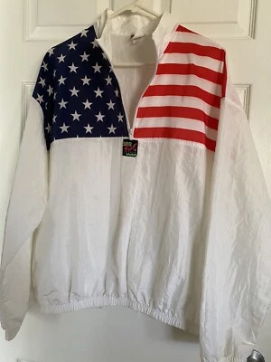Vtg Surf Style American Flag Polyester/Nylon 1/4 Zip Windbreaker, Pockets, OS - Image 1 of 4