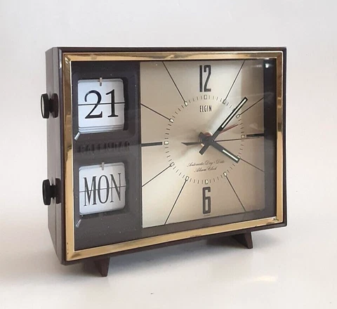 Vintage - Mid Century - Elgin Wind Up Desk Clock - Flip Calendar MCM 50138 Japan Cover