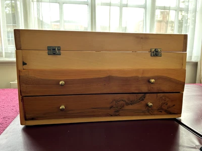 Small solid wooden cabinet with 2 drawers and lift-up top.  17 x 9 x 9 inches. - Image 1 of 4