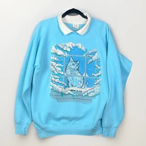 VTG Kitty Cat Lady Sweatshirt Sz XL Blue Grannycore Puffy Paint Collared 90s - Picture 1 of 7