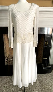 Lawrence Kazar Size L Cream Color Tea Length Long Sleeve Beaded Sequin Dress - Picture 1 of 9