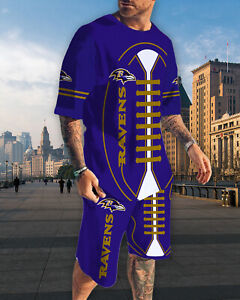 Baltimore Ravens Men T-Shirts Shorts Outfit Short Sleeve Beach Shorts 2PCS Gifts