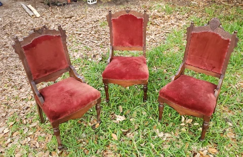 Set of 3 Antique Victorian Gothic Dining Chairs Red Velvet  Hand Carved Cover