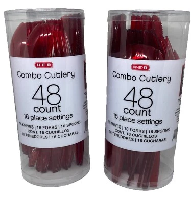 一次性塑料餐具红色 48 Ea 包。 叉刀勺子套装派对 — 第 1/2 张图片