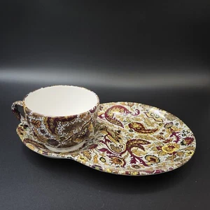 Taza de té y plato de aperitivos de cerámica de cachemira Bagdad Tea Bureau de Ceilán de colección - Imagen 1 de 13