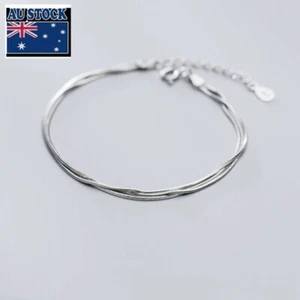 Woman Real s925 Sterling Silver Snake Chain Multiple Layers Bracelet Bangle Cuff - Picture 1 of 5