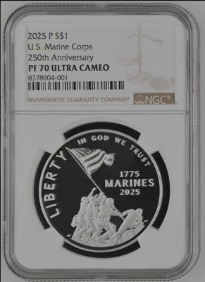 2025-P Marine Corps 250th Silver $1 Dollar Proof NGC PF70  Presale  - Image 1 of 2