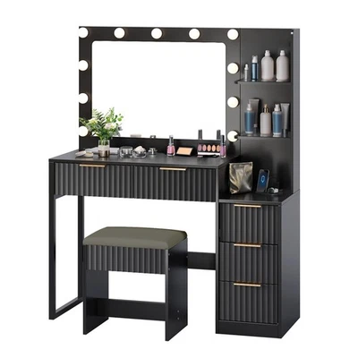 Vanity Desk with Mirror & Lights & USB Ports, Fluted 5-Drawer Dressing Table New - Image 1 of 4