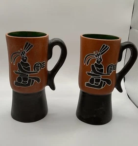 Leopoldo de Mexico Aztec Mugs Terracotta w/Green Glazed Interior Lot Of 2 - Picture 1 of 7