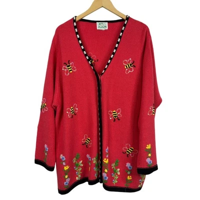 Vintage The Quacker Factory Honey Bees Floral Coral Knit Cardigan Size 2X - Image 1 of 4