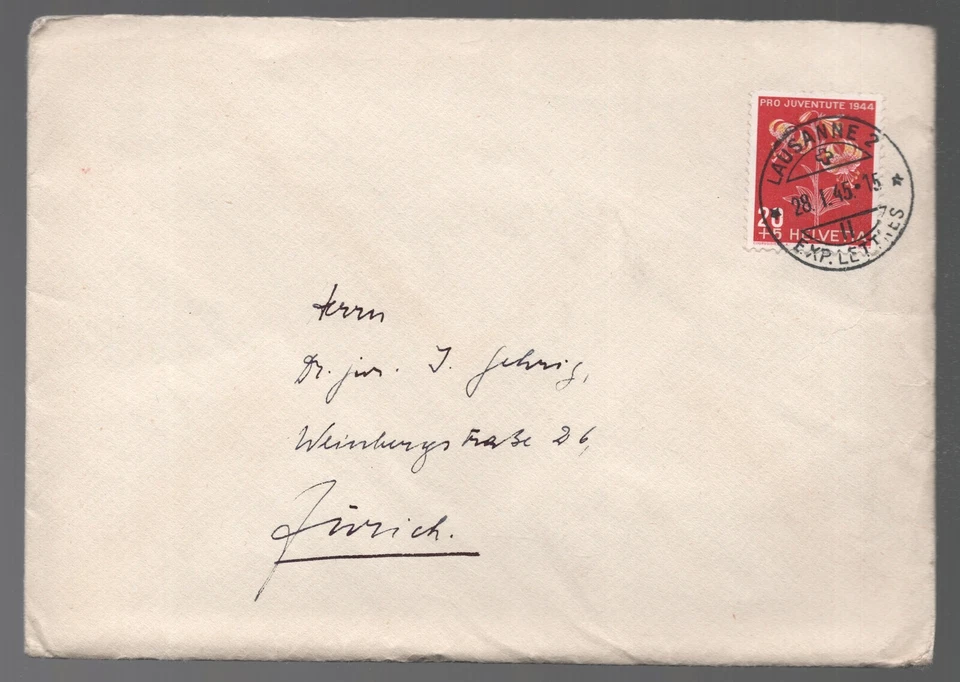 Suiza 1945 Lausana Cubierta con contenido Pro Juventute 20c Sello Flor de Lirio Foto 1 de 1