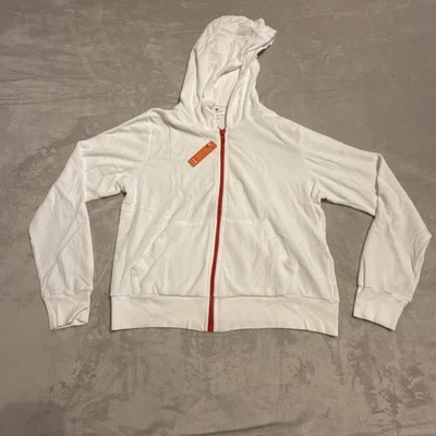 Anthropologie SUNDRY Velour Hoodie Zip Jacket Women's Size 4 XL White Red Zipper - Image 1 of 4